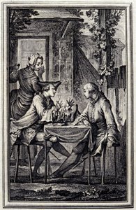 o auricultor ou o mexilhão raccomoder. Em "Tales et nouvelles en vers" de Jean de La Fontaine, Amsterdam 1776. ilustrado por P.P.Choffard.