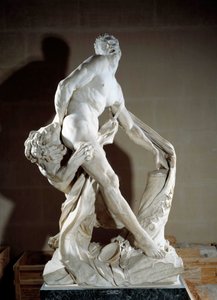 Representação do atleta Milon de Crotone (540-516 AC aprox.). Escultura de Pierre Puget (1620-1694) 1683. Sol 2,7 m. Paris, Museu do Louvre