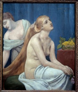 A mulher tem a sua casa de banho ou sanita. Uma mulher nua com cabelos longos e loiros é estilizada por uma empregada. Pintura de Pierre Puvis de Chavannes (1824-1898) 1883 Sol. 0,75x0,63 m Paris, musee d