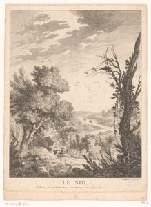 Paisagem com veados, coelhos e pássaros e um rio no fundo
Le Nid (título sobre o objecto) de Pierre Quentin Chedel