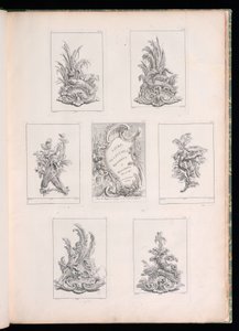 Desenho de ornamento com dois pássaros mortos deitados no galho de acanto, da Livre de Legumes de Pierre Quentin Chedel