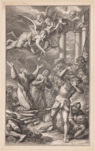Cosmas e Damian na fogueira, rodeados de soldados e anjos de Pierre Simon (I)