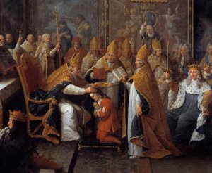A coroação de Luís XV Rei Luís XV (1710-1774) foi coroa e sagrada em 25/10/1722 na catedral de Reims pelo Arquivo de Reims na presença do Regente, do Duque de Orleans (1674-1723) e de uma grande multidão. Detalhe de Pintura de Pierre Sub