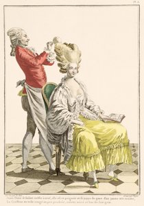 Uma jovem mulher em um Peignoir com seu cabeleireiro, placa 31 de &39;Galerie des Modes et trajes Francais&39;, gravada por Dupin, 1778 de Pierre Thomas Le Clerc