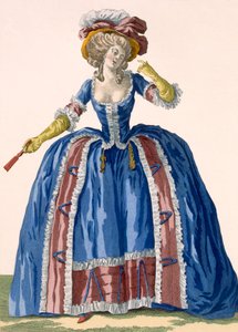 Vestido em estilo inglês, em azul eléctrico, com rebordos bordados a borro, gravado por Bacquoy, prato no.182 da Galeries des Modes et Costumes Francais, c.1778-87 99: vestuário;