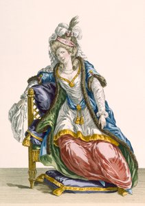 Senhora "Hábito à Sultão", gravada por Patas, placa nº 107 de "Galeries des Modes et Costumes Francais", c.1778-87 99: vestuário; vestido tradicional; traje tradicional; moda; Eu de Pierre Thomas Le Clerc