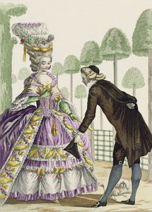 Senhora de vestido lilás Promenades nos jardins do Palais Royal, prato 13 de "Galerie des Modes et Costumes Francais", gravado por Etienne Claude Voysard (1746-1812) 1778 de Pierre Thomas Le Clerc