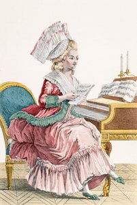 Jovem, mulher, estudar música em seu cravo, gravado por J. Pelicier, placa 149 da &39;Galerie des Modes et Costumes Francais&39;