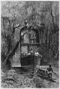 Um barco de pavimentação, emprestado pelo explorador, para descer a Samiria superior (Peru). Gravura de Vignal, para ilustrar a história "Amazônia e Cordilheiras". de Pierre Vignal