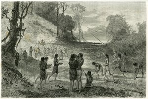 Jogos de Javelin entre 2 tribos de Zaparros, os homens praticam e as mulheres andam sem medo pelos jogadores e servem-lhes bebidas. Gravado por Vignal, para ilustrar a história "Amazon e Cordilleres". de Pierre Vignal