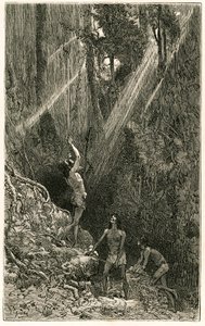 Índios Suno, das margens do Rio Napo (Amazonas), caçando por sarbacan. Gravura de Vignal, para ilustrar a história "Amazônia e Cordilheiras".