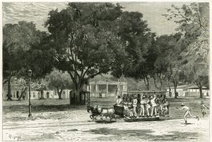 Bonde, atirando a cavalo, no porto do Pará (Brasil), no largo de Nazaré. Gravado por Vignal, para ilustrar a história "Amazônia e Cordilheira".