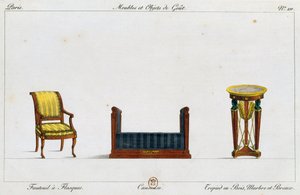 Cadeira de braços flangeada, mesa de casal e tripé, prato 211, ilustração da Collection de meubles et objects de gout (Coleção de móveis e objetos de gosto)