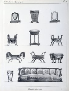 Mobiliário do período Consulado (1802-1803). Placa retirada da coleção "Collection de mobilier et objets de taste" de Pierre de la Mesangere (1761-1831). Paris. Artes Decorativas