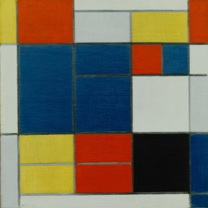 Composição C; Composição com amarelo, vermelho, azul-cinza, azul a de Piet Mondrian