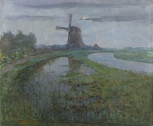 Moinho Oostzijdse ao longo do rio, c.1903 (óleo sobre tela) de Piet Mondrian