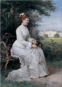 Retrato da Princesa Emma von Waldeck-Pyrmont sentada em um banco no parque do Palace Het Loo (óleo a bordo) de Piet Schipperus