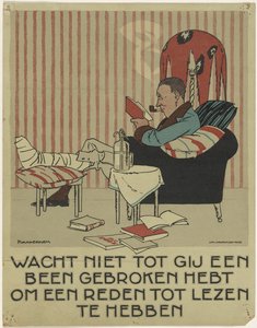 Homem de leitura com a perna partida numa poltrona
Campanha de promoção do livro (título da série) de Piet van der Hem