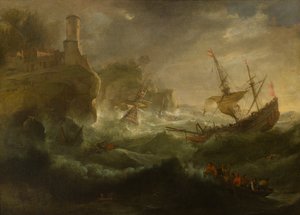 Navios naufragando em uma costa rochosa, c.1657-1701 (óleo sobre tela) de follower of Pieter Mulier
