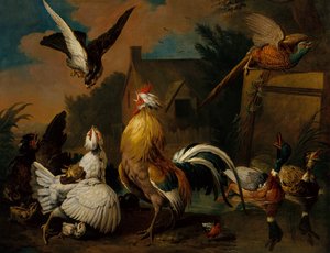 Um falcão atacando aves domésticas em um curral (óleo sobre tela)