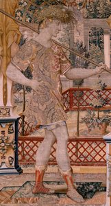 Tapeçaria flamenga. Série Vertumnus e Pomona.Vertumnus transformados em agricultores. Segunda tapeçaria da série. Parte esquerda a transformação de Daphne. Modelo Círculo de Pieter Coecke van Aelst. Fabricação de Wilhelm Pannemaker, Bruxelas. Ca 1545-1550.