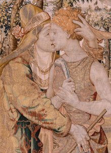 tapeçaria flamenga. Série Vertumnus e Pomona. Vertumnus beija Pomona. Sétima tapeçaria da série. Círculo Modelo de Pieter Coecke van Aelst. Manufatura Wilhelm Pannemaker, Bruxelas. Ca 1545-1550. Tecido Ouro, prata, seda e lã. Tamanho 430 x 365 cm.