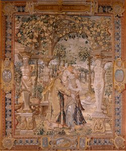 Tapeçaria flamenga. Série Vertumnus e Pomona. Vertumnus beija Pomona. Sétima tapeçaria da série. Modelo Círculo de Pieter Coecke van Aelst. Fabricação de Wilhelm Pannemaker, Bruxelas. Ca 1545-1550. Tecido Ouro, prata, seda e lã. Tamanho 430 x 365 cm.