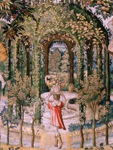 Tapeçaria flamenga. Série Vertumnus e Pomona; Vertumno transformado em jardineiro (Vertumno transformado em jardineiro). Quinta tapeçaria da série. Modelo Círculo de Pieter Coecke Van Aelst e Léonard Thiry. Fabrico Oficina desconhecida, Bruxelas, antes