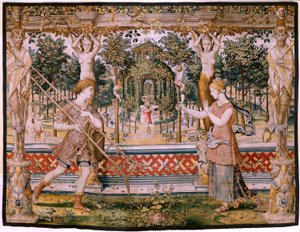 Tapeçaria flamenga. Série Vertumnus e Pomona; Vertumno transformado em jardineiro (Vertumno transformado em jardineiro). Quinta tapeçaria da série. Modelo Círculo de Pieter Coecke Van Aelst e Léonard Thiry. Fabrico Oficina desconhecida, Bruxelas, antes