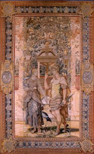 tapeçaria flamenga. Série Vertumnus e Pomona. Vertumnus transformado em guerreiro. Quarta tapeçaria da série. Círculo Modelo de Pieter Coecke van Aelst. Manufatura Wilhelm Pannemaker, Bruxelas. Ca1545-1550. Tecido Ouro, prata, seda e lã. Tamanho 425
