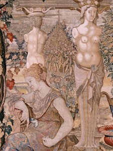 Tapeçaria flamenga. Série Vertumnus e Pomona. Vertumnus transformada numa mulher velha. Vertumnus transformado numa mulher idosa. Sexta tapeçaria da série. Modelo Círculo de Pieter Coecke van Aelst. Fabricação de Wilhelm Pannemaker, Bruxelas. Ca 1545-1550.