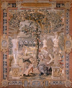 Tapeçaria flamenga. Série Vertumnus e Pomona. Vertumnus transformada numa mulher velha. Vertumnus transformado numa mulher idosa. Sexta tapeçaria da série. Modelo Círculo de Pieter Coecke van Aelst. Fabricação de Wilhelm Pannemaker, Bruxelas. Ca1545-1550. 