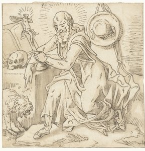 São Jerónimo sentado perto de um crucifixo, livro e crânio de Pieter Aertsen (workshop of)