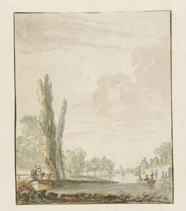 Vista ao longo de um rio com uma cúpula de chá à direita de Pieter Bartholomeusz. Barbiers
