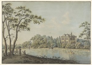 Vista da casa Over Holland com casa de chá no Vecht em Nieuwersluis de Pieter Bartholomeusz. Barbiers