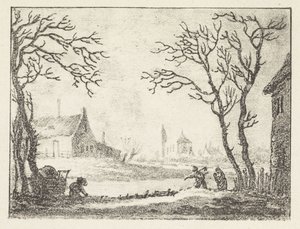 Paisagem de Inverno com casas e figuras de Pieter Bartholomeusz. Barbiers