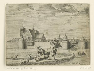 Tobias e o Anjo; ao fundo a Igreja Velha em Middelburg Paisagens com cenas bíblicas (título da série) de Pieter Bast