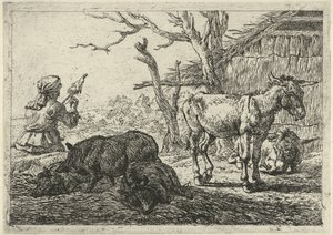 Mulher giratória, porcos e burros
Vários animais (título da série) de Pieter Bodding van Laer