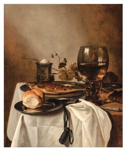 Um Rolo, Arenque, Saltcellar de Prata, Roemer Grande e Faca numa Mesa Dobrada, c.1644 (óleo sobre painel) de Pieter Claesz