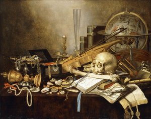 Uma vida ainda Vanitas de instrumentos musicais e manuscritos, um cálice coberto de ouro virado, um caixão de jóias, um castiçal, um globo astrológico, um colar de pérolas, jóias, conchas, um crânio e um fêmur e uma ampulheta em uma mesa coberta 1653