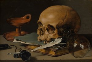 Ainda vida com uma caveira e uma pena de escrever, 1628.