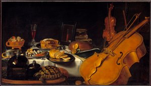 Natureza morta com instrumentos musicais Uma tartaruga, uma torta, um copo de vinho, pão. Pintura de Pieter Claesz (1597-1661) (ec.holl.) 1623 Sol. 0,69x1,22 m