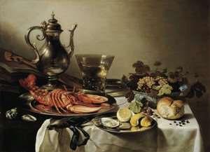 Mesa com lagosta, jarro de prata, Berkemeyer grande, fruteira, violino e livros, 1641