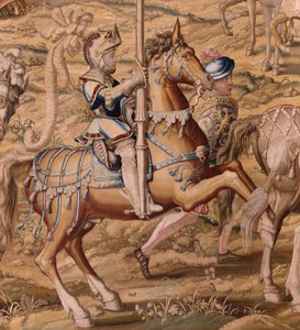 Tapeçaria flamenga. Série A Conquista de Tunis; Revisão das Tropas em Barcelona (La revista de las tropas en Barcelona). Segunda tapeçaria da série. Modelo Jan Vermeyen e Pieter Coecke van Aelst. 1543-1548. Fabrico da Real Fábrica de Tapices de Sant de Pieter Coecke van Aelst
