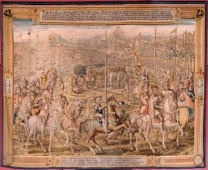 Tapeçaria flamenga. Série A Conquista de Tunis; Revisão das Tropas em Barcelona (La revista de las tropas en Barcelona). Segunda tapeçaria da série. Modelo Jan Vermeyen e Pieter Coecke van Aelst. 1543-1548. Fabrico da Real Fábrica de Tapices de Sant de Pieter Coecke van Aelst
