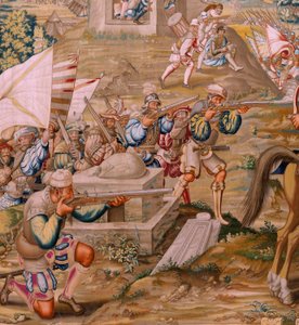 Tapeçaria flamenga. Série A Conquista de Túnis. O Ataque a La Goleta (Ataque a la Goleta). A quarta tapeçaria da série. Modelo Jan Vermeyen e Pieter Coecke van Aelst. 1543-1548. Fabrico da Real Fábrica de Tapices de Santa Bárbara, Madrid