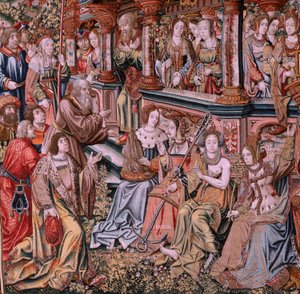 Tapeçaria flamenga. Série As Honras. Virtude (La Virtu, El Vicio). Oitava tapeçaria da série. Modelos caricaturistas do círculo de Bernard van Orley e Jan Gossaert (Mabuse). Fabrico Pieter van Aelst, Bruxelas. Ca 1550. Tecido Ouro, prata, seda a de Pieter Coecke van Aelst