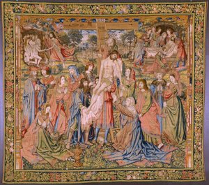 tapeçaria flamenga. Série A paixão de Cristo: Descida da cruz (Kruisafneming, Descendimiento de la cruz). Fabricação Pieter van Aelst. O cartunista Jan van Roome. Ca 1507-1520. de Pieter Coecke van Aelst