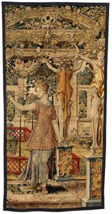 Vertumnus e Pomona: Vertumnus transformado em agricultor, c.1550 (ouro, lã e seda) de Pieter Coecke van Aelst