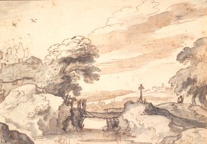 Paisagem com uma ponte velha sobre um riacho de Pieter Dircksz van Santvoort
